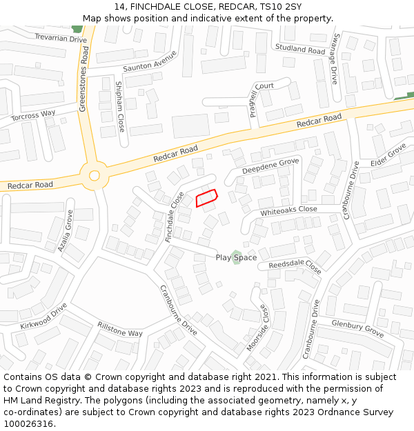 14, FINCHDALE CLOSE, REDCAR, TS10 2SY: Location map and indicative extent of plot