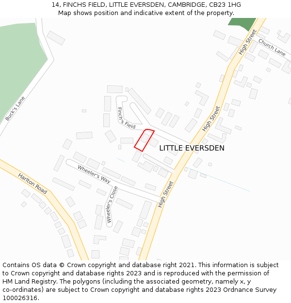 14, FINCHS FIELD, LITTLE EVERSDEN, CAMBRIDGE, CB23 1HG: Location map and indicative extent of plot