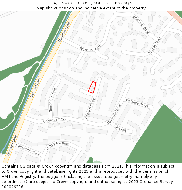 14, FINWOOD CLOSE, SOLIHULL, B92 9QN: Location map and indicative extent of plot