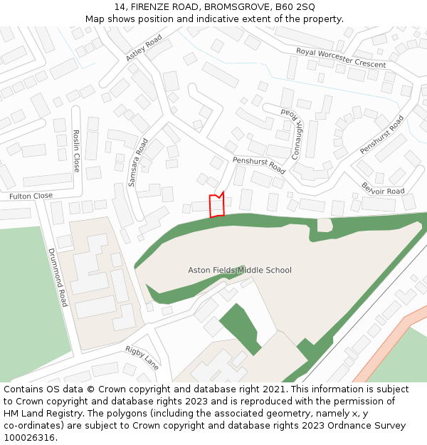 14, FIRENZE ROAD, BROMSGROVE, B60 2SQ: Location map and indicative extent of plot