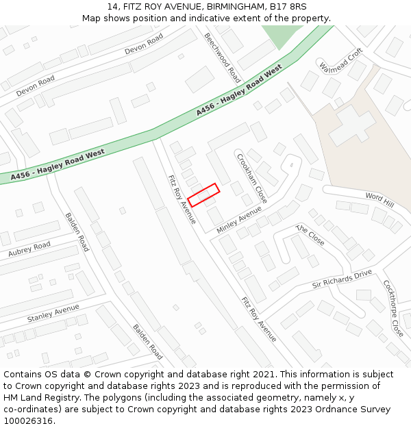 14, FITZ ROY AVENUE, BIRMINGHAM, B17 8RS: Location map and indicative extent of plot