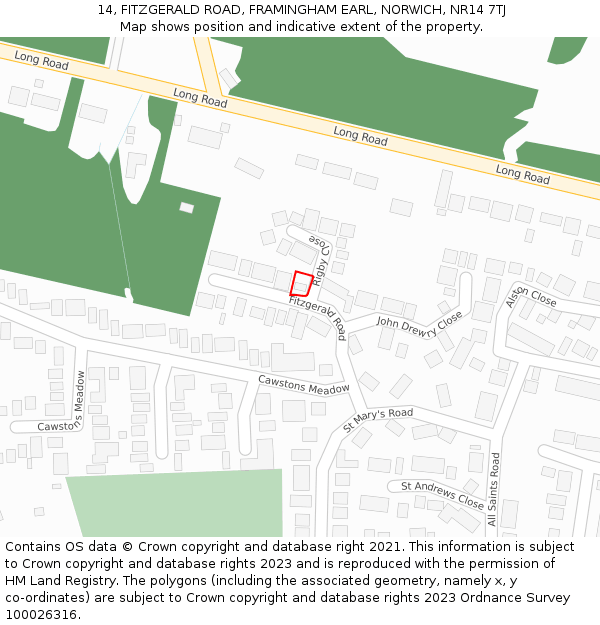 14, FITZGERALD ROAD, FRAMINGHAM EARL, NORWICH, NR14 7TJ: Location map and indicative extent of plot