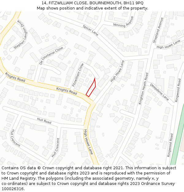 14, FITZWILLIAM CLOSE, BOURNEMOUTH, BH11 9PQ: Location map and indicative extent of plot