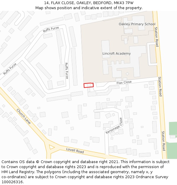 14, FLAX CLOSE, OAKLEY, BEDFORD, MK43 7PW: Location map and indicative extent of plot