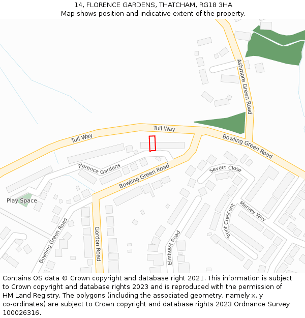 14, FLORENCE GARDENS, THATCHAM, RG18 3HA: Location map and indicative extent of plot