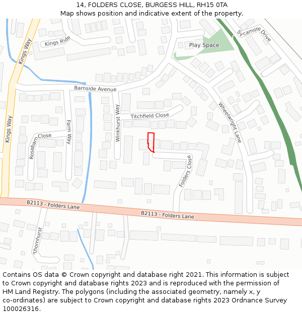 14, FOLDERS CLOSE, BURGESS HILL, RH15 0TA: Location map and indicative extent of plot