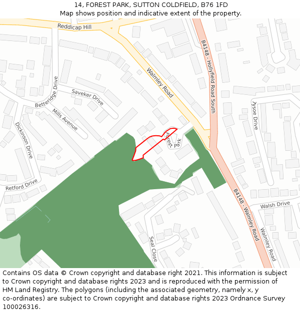 14, FOREST PARK, SUTTON COLDFIELD, B76 1FD: Location map and indicative extent of plot
