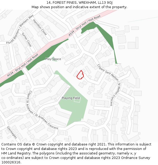 14, FOREST PINES, WREXHAM, LL13 9GJ: Location map and indicative extent of plot