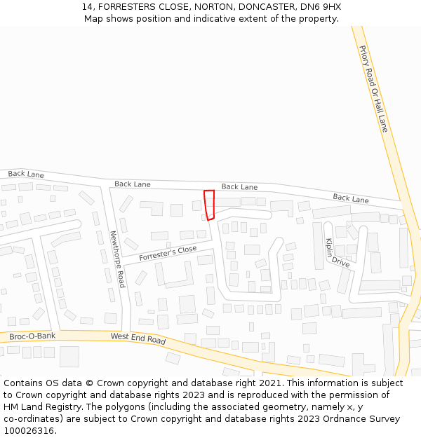 14, FORRESTERS CLOSE, NORTON, DONCASTER, DN6 9HX: Location map and indicative extent of plot