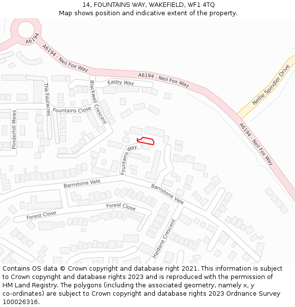 14, FOUNTAINS WAY, WAKEFIELD, WF1 4TQ: Location map and indicative extent of plot