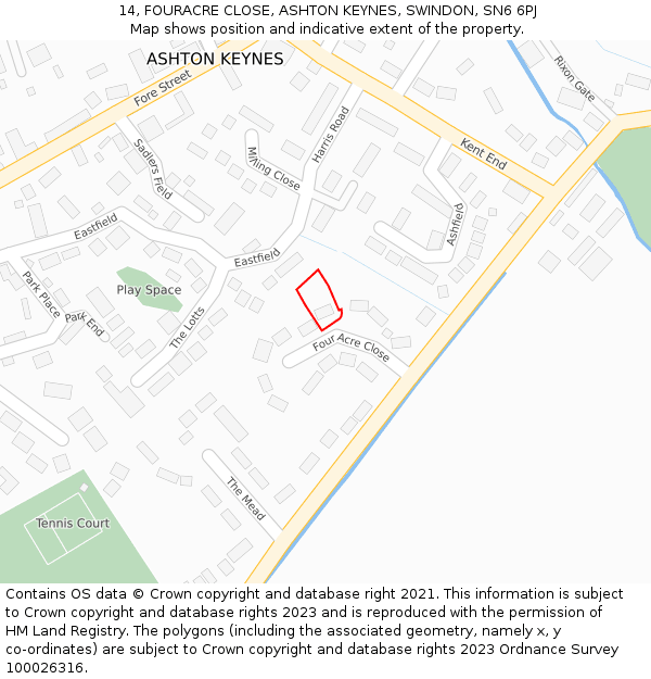 14, FOURACRE CLOSE, ASHTON KEYNES, SWINDON, SN6 6PJ: Location map and indicative extent of plot