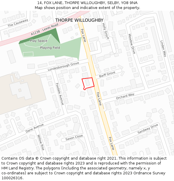 14, FOX LANE, THORPE WILLOUGHBY, SELBY, YO8 9NA: Location map and indicative extent of plot