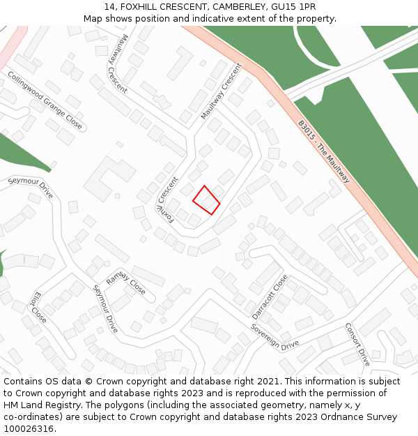 14, FOXHILL CRESCENT, CAMBERLEY, GU15 1PR: Location map and indicative extent of plot