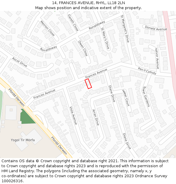 14, FRANCES AVENUE, RHYL, LL18 2LN: Location map and indicative extent of plot