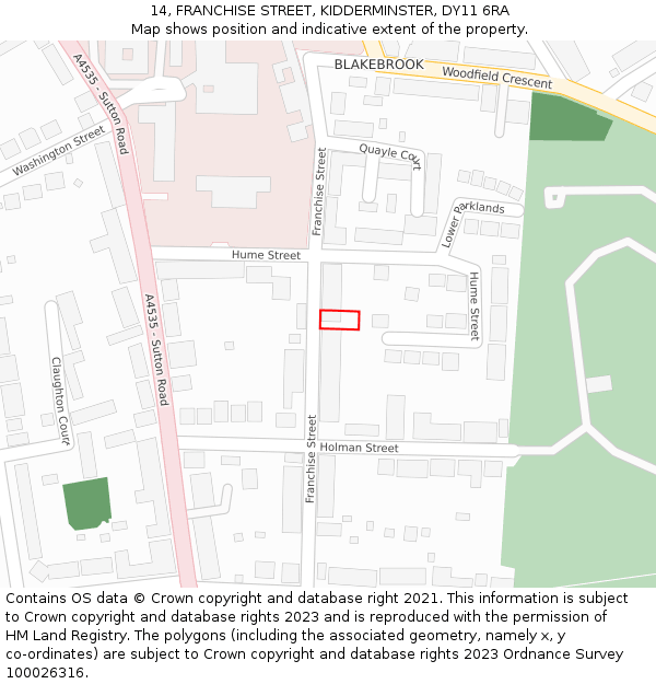 14, FRANCHISE STREET, KIDDERMINSTER, DY11 6RA: Location map and indicative extent of plot