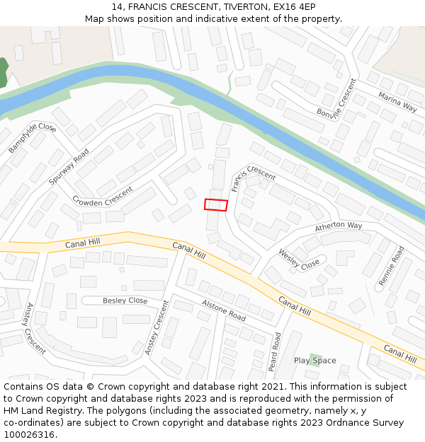 14, FRANCIS CRESCENT, TIVERTON, EX16 4EP: Location map and indicative extent of plot