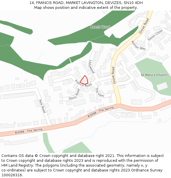 14, FRANCIS ROAD, MARKET LAVINGTON, DEVIZES, SN10 4DH: Location map and indicative extent of plot