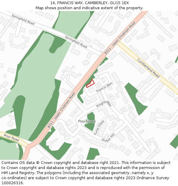 14, FRANCIS WAY, CAMBERLEY, GU15 1EX: Location map and indicative extent of plot