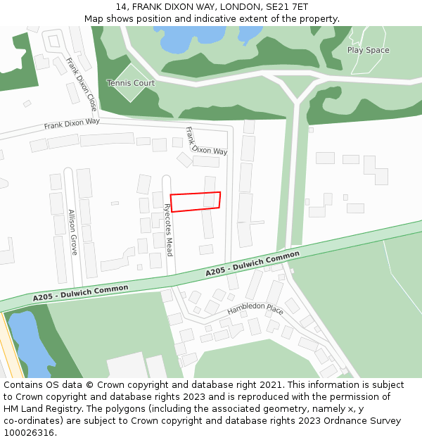 14, FRANK DIXON WAY, LONDON, SE21 7ET: Location map and indicative extent of plot