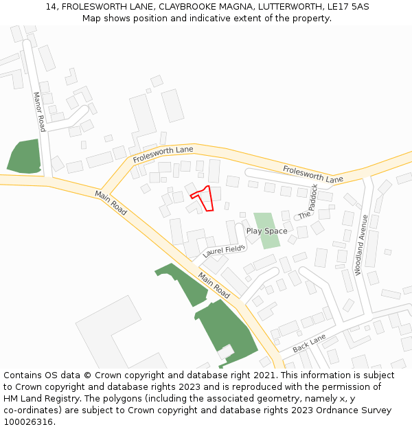 14, FROLESWORTH LANE, CLAYBROOKE MAGNA, LUTTERWORTH, LE17 5AS: Location map and indicative extent of plot