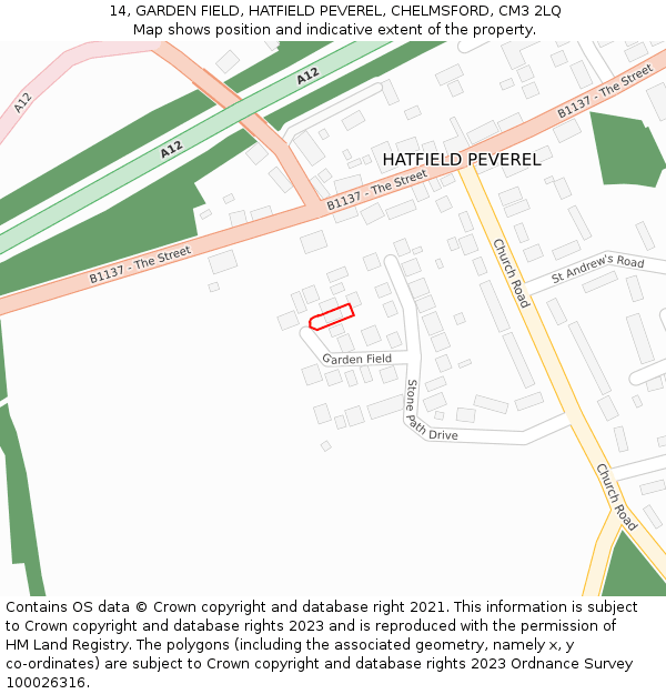 14, GARDEN FIELD, HATFIELD PEVEREL, CHELMSFORD, CM3 2LQ: Location map and indicative extent of plot