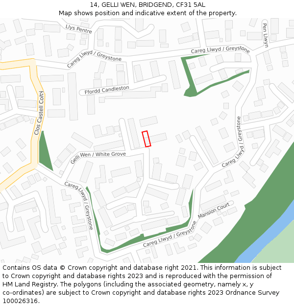 14, GELLI WEN, BRIDGEND, CF31 5AL: Location map and indicative extent of plot