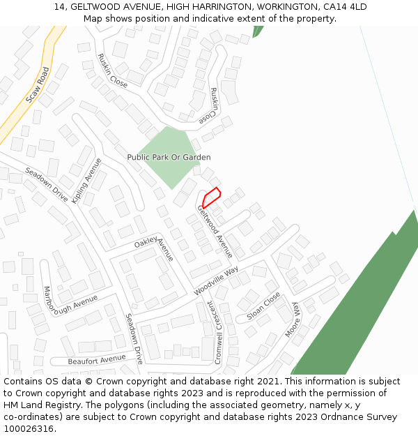 14, GELTWOOD AVENUE, HIGH HARRINGTON, WORKINGTON, CA14 4LD: Location map and indicative extent of plot