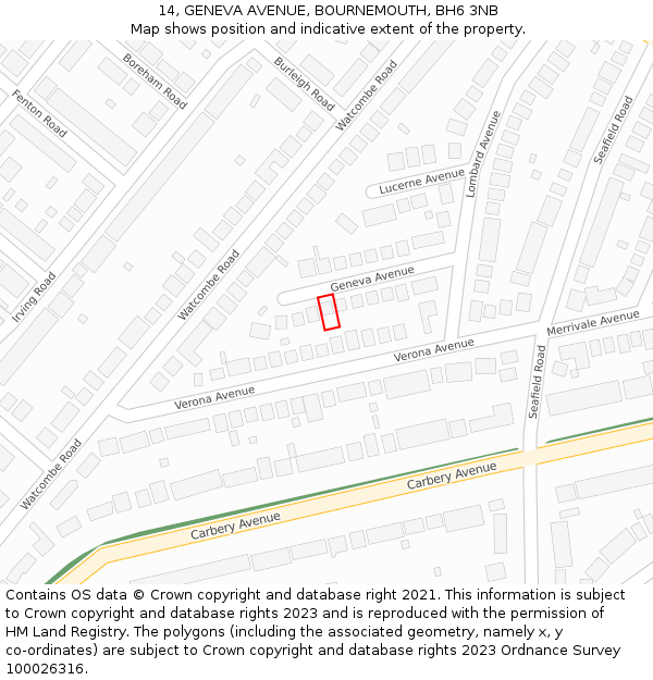 14, GENEVA AVENUE, BOURNEMOUTH, BH6 3NB: Location map and indicative extent of plot