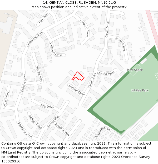 14, GENTIAN CLOSE, RUSHDEN, NN10 0UG: Location map and indicative extent of plot