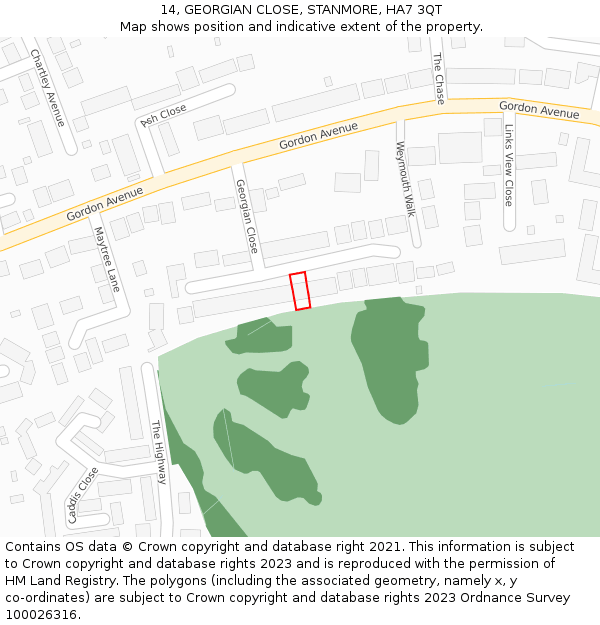 14, GEORGIAN CLOSE, STANMORE, HA7 3QT: Location map and indicative extent of plot