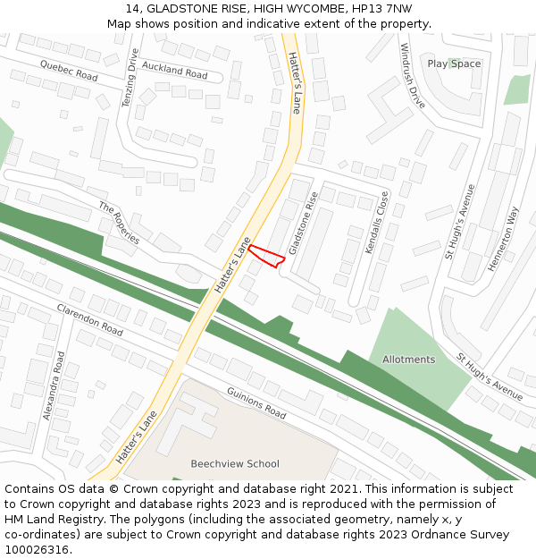 14, GLADSTONE RISE, HIGH WYCOMBE, HP13 7NW: Location map and indicative extent of plot