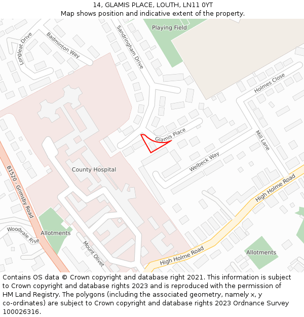 14, GLAMIS PLACE, LOUTH, LN11 0YT: Location map and indicative extent of plot