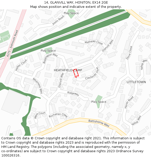 14, GLANVILL WAY, HONITON, EX14 2GE: Location map and indicative extent of plot