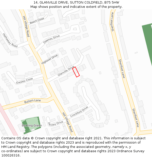 14, GLANVILLE DRIVE, SUTTON COLDFIELD, B75 5HW: Location map and indicative extent of plot
