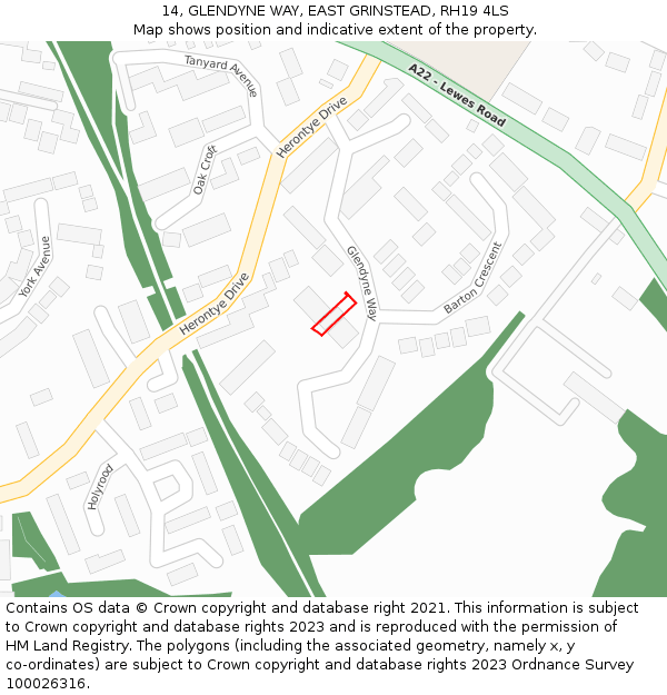 14, GLENDYNE WAY, EAST GRINSTEAD, RH19 4LS: Location map and indicative extent of plot