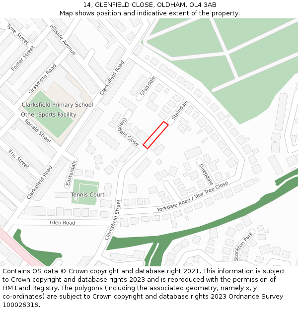 14, GLENFIELD CLOSE, OLDHAM, OL4 3AB: Location map and indicative extent of plot