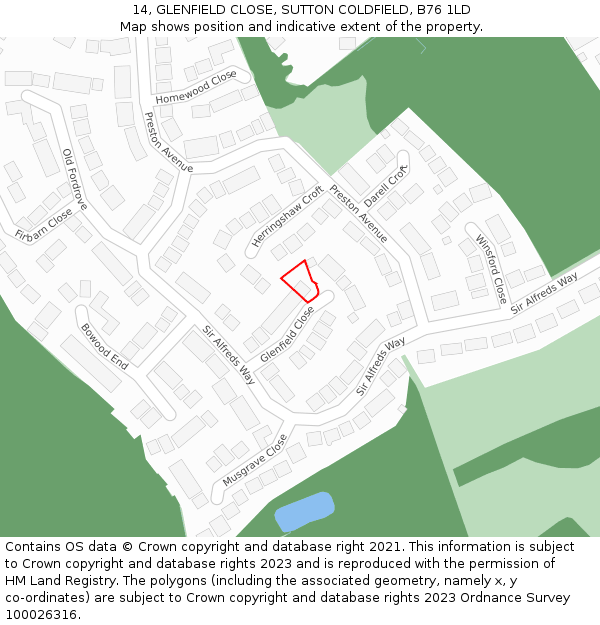 14, GLENFIELD CLOSE, SUTTON COLDFIELD, B76 1LD: Location map and indicative extent of plot