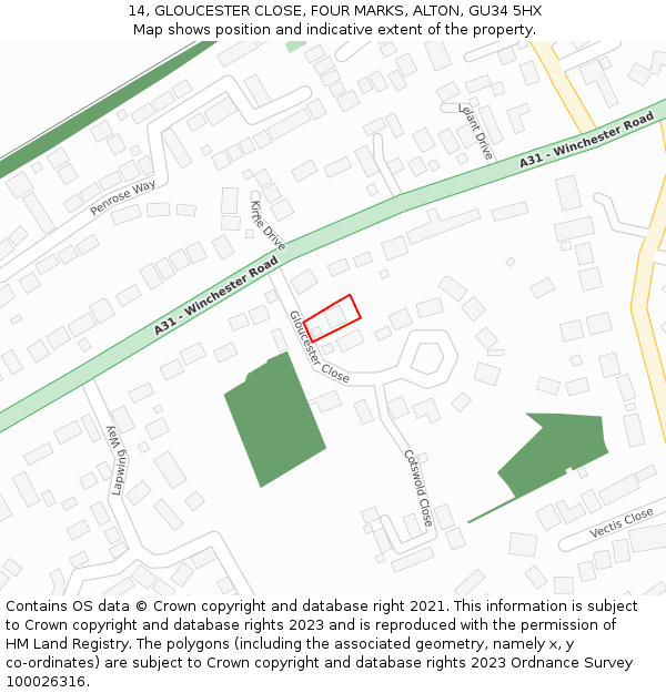 14, GLOUCESTER CLOSE, FOUR MARKS, ALTON, GU34 5HX: Location map and indicative extent of plot