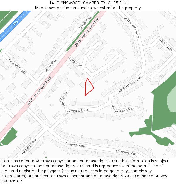 14, GLYNSWOOD, CAMBERLEY, GU15 1HU: Location map and indicative extent of plot