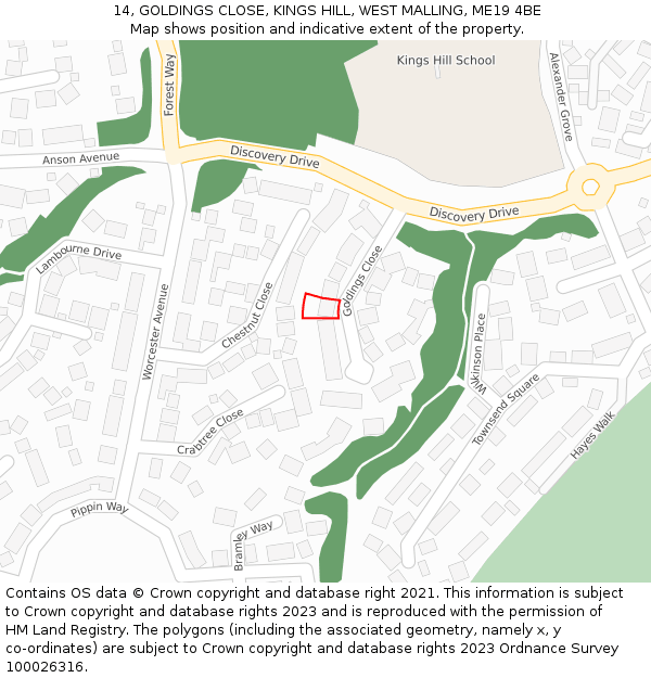 14, GOLDINGS CLOSE, KINGS HILL, WEST MALLING, ME19 4BE: Location map and indicative extent of plot