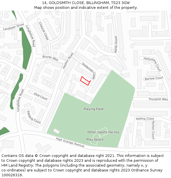 14, GOLDSMITH CLOSE, BILLINGHAM, TS23 3GW: Location map and indicative extent of plot