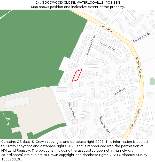 14, GOODWOOD CLOSE, WATERLOOVILLE, PO8 8BG: Location map and indicative extent of plot