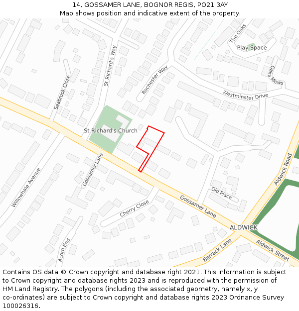 14, GOSSAMER LANE, BOGNOR REGIS, PO21 3AY: Location map and indicative extent of plot