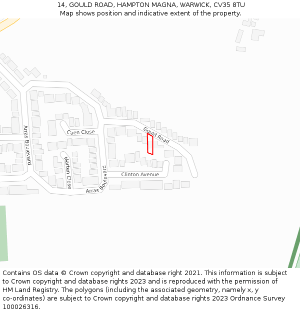 14, GOULD ROAD, HAMPTON MAGNA, WARWICK, CV35 8TU: Location map and indicative extent of plot