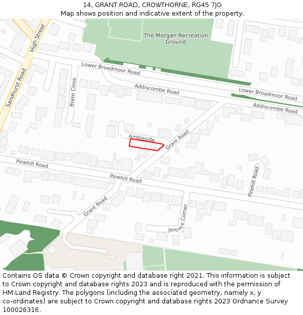 14, GRANT ROAD, CROWTHORNE, RG45 7JG: Location map and indicative extent of plot