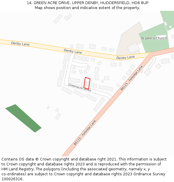 14, GREEN ACRE DRIVE, UPPER DENBY, HUDDERSFIELD, HD8 8UP: Location map and indicative extent of plot