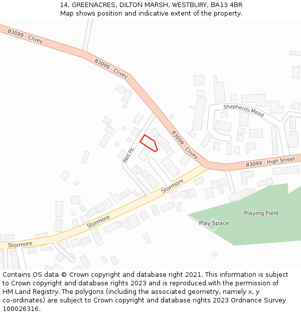 14, GREENACRES, DILTON MARSH, WESTBURY, BA13 4BR: Location map and indicative extent of plot