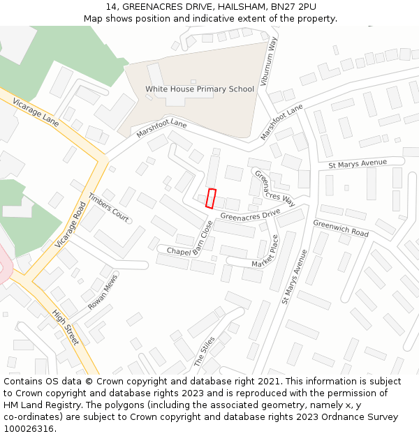 14, GREENACRES DRIVE, HAILSHAM, BN27 2PU: Location map and indicative extent of plot