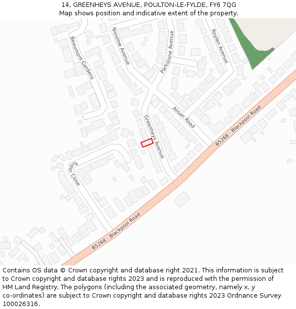14, GREENHEYS AVENUE, POULTON-LE-FYLDE, FY6 7QG: Location map and indicative extent of plot