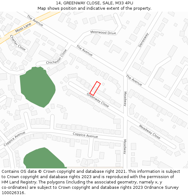 14, GREENWAY CLOSE, SALE, M33 4PU: Location map and indicative extent of plot